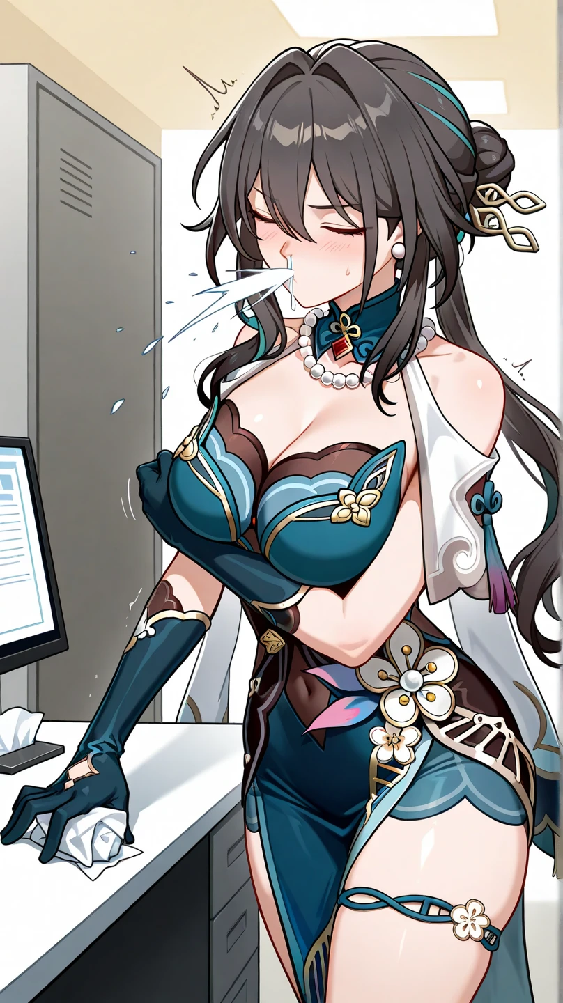 score_9, score_8_up, score_7_up, source_anime, 1girl, baizhidef, blue eyes, black hair, long hair, streaked hair, hair ornament, earrings, jewelry, bare shoulders, detached sleeves, long sleeves, black dress, cleavage cutout, white jacket, off shoulder, chinese clothes, black gloves, fingerless gloves, thigh strap, sitting, on chair, table, head rest, elbow rest, smile, closed mouth, looking at viewer, indoors, hospital, portrait, close-up, upper body, facing viewer, <lora:Baizhi_v1-000010:1>