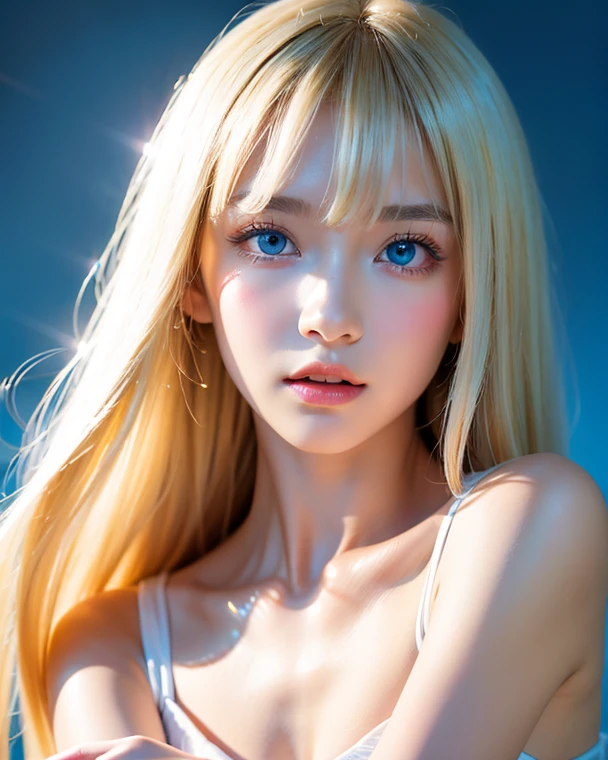 A beautiful girl with super long bright blonde hair、bangs between the eyes、masutepiece, Best Quality, Illustration, Ultra-detailed, finely detail, hight resolution, 8K Wallpaper, Perfect dynamic composition, Beautiful detailed bright sparkling pale sky blue eyes, Women's Fashion Summer,Super Long Hair,huge tit、Natural Color Lip, Bold sexy poses,,Cute、20 years girl、Small Face Beautiful Girl、Sexy shot looking at camera、cheek gloss highlight