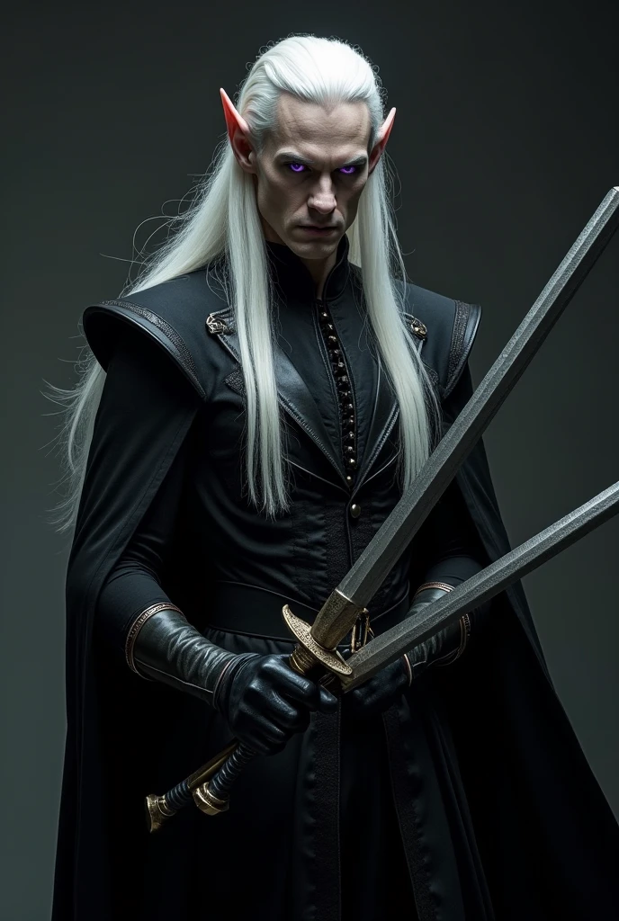 1 male, elf, long straight silver blonde hairs, brown eyes, beautiful, dark gray shirt, dark green pants, chain mail, leather black overcoat with details in dark green, fighter, sword on back