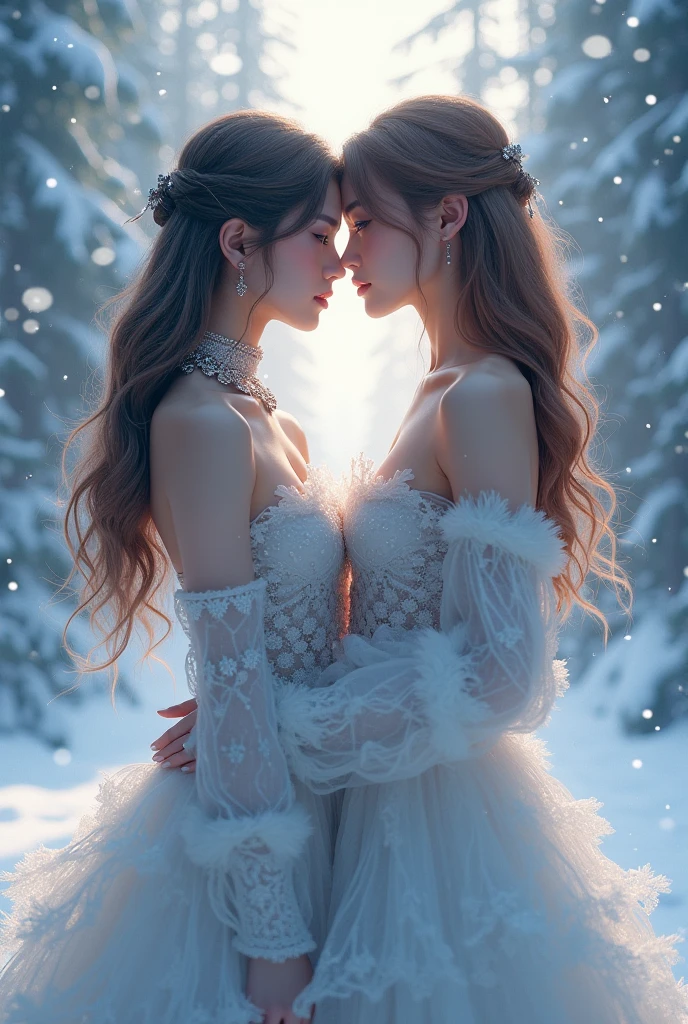 (masterpiece, highest quality, official art, beauty and aesthetic), photograph, perfect ???????, two gorgeous and stunning dark-skinned or pale-skinned young girls are deeply in love with each other, kiss, perfect make-up, romantic atmosphere, snow and moon, magnificent panorama view