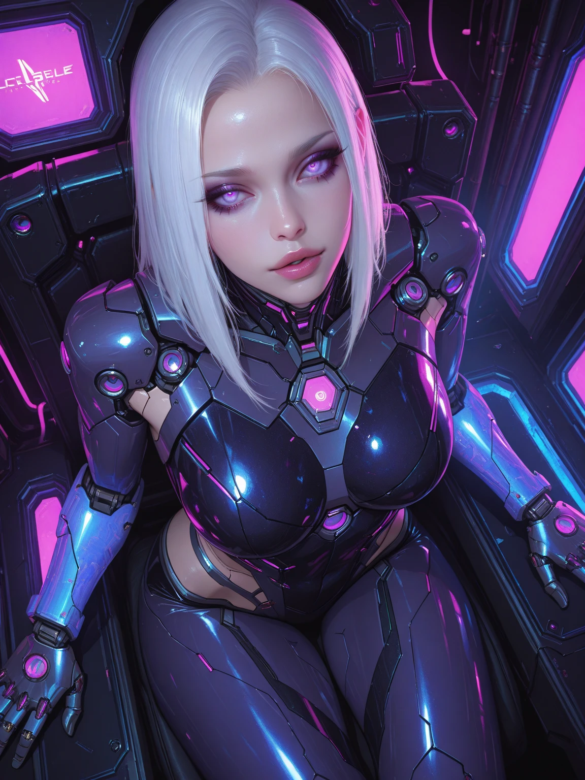 estilo de Milo manara, cabelo rosa pink luminoso, armadura prateada detalhada, corpo inteiro, Technological and futuristic with blue and lilac details, Circuitos de luz, cabelos cor de rosa choque, NEGRA COM ROSTO DA MEGAN FOX , wearing technological and futuristic silver armor covering the entire body with blue and lilac details, Circuitos de luz, Futuristic city background with pink and violet sky, cor da pele de bronze, mulata, pele bronzeada, cor do pecado, pele bem morena, queimada de sol, corpo fitness, corpo sarado, corpo atletico, corpo musculoso mas feminino (((seios ridiculamente grandes)))、(seios ridiculamente enormes:1.5)、((huge udder)) pose de guerreira, pink and violet sky