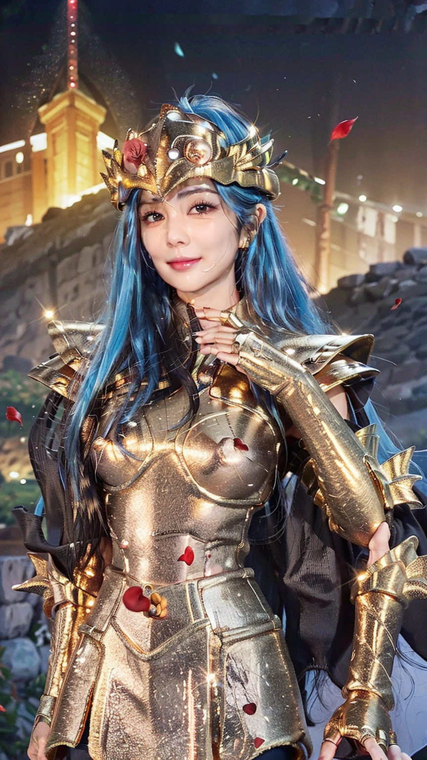 Professional , ​masterpiece、top-quality、photos realistic , 、top-quality、超A high resolution、(Photorealsitic:1.4)、Raw photo、depth of fields （Gemstone Gold Metal Body:1.9),(Matte White、Toostock、cleavage of the breast、（cleavage of the breast）、（Detailed Dragon Armor）、（Have the strongest weapon）、（(Random Hairstyles 1.6),Dark Fantasy,）explosions、intense fighting、（Precipitous cliffs),Dragon Gold Weapon,Mystical expression、Particles of light、Fight dragons、（Detailed Dragon Helmet),Gorgeous Silver Weapons ,（（ Dragon's dense and gorgeous sword）） , Beautiful knife   ,warhammer 40k ,Detail and gorgeous crown、（（Blue hair））、（Castle background）、、（（Gangle's forest background））、Beautiful Caucasian beauty、１a person、dynamic ungle,((()))、Smaller head、A smile、Castle background、Thin and beautiful female hands、cleavage of the breast、Soldier in iron armor on background、Mystical expression、Light Effects、intense fighting、Wind-effect、magic circles、With the legendary magic wand、（demonic wings）、Toostock、