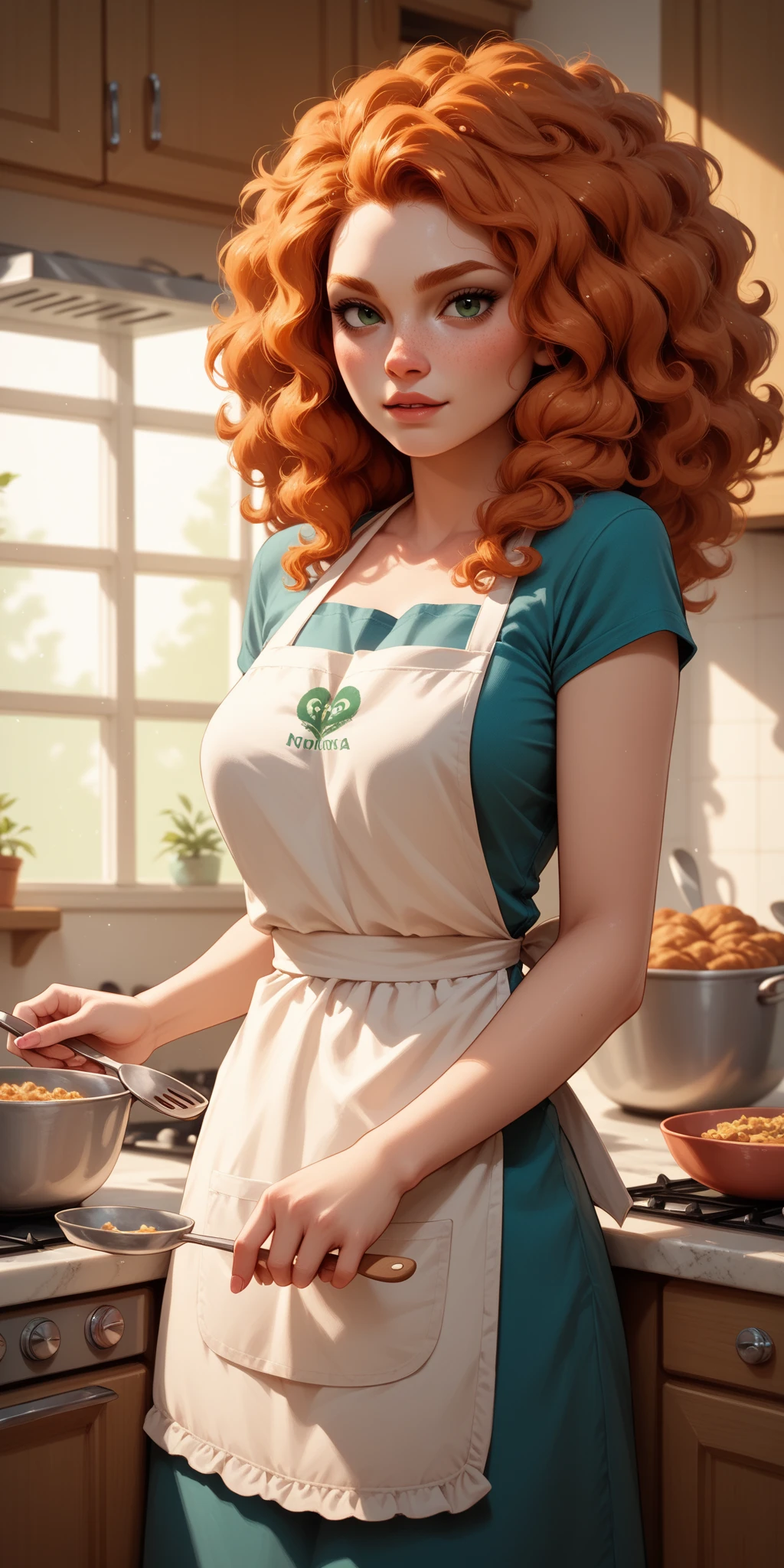 a woman with tattoo, (([red|black] hair)), long hair, wearing a black apron, hold pancakes with honey, cooking, look at viewer, kitchen, indoors, (soothing tones:1.0), (hdr:1.25), (artstation:1.2), dramatic, (intricate details:1.14), (hyperrealistic 3d render:1.16), (filmic:0.55), (rutkowski:1.1), (faded:1.3)