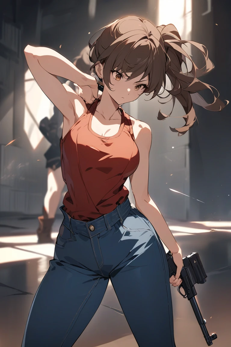 takeda hiromitsu style,Gunfight、(((masterpiece, highest quality:1.3,absurdres))),cowboy shot,20 year old beauty,Sniper、solo,((very small head)),short bob hair,bangs,dark brown hair,brown eyes,blush,Serious expression、medium breasts,((very long body)),((slender body)),skinny,gleaming skin,shiny skin, Black turtleneck、No sleeve、Crop length、navel、Black micro mini shorts、Black combat boots、Holding a handgun in your hand、(Firing stance、Shoot a gun、Detailed handgun),explosion、Abandoned Factory、Tokyo、at night、moonlight、