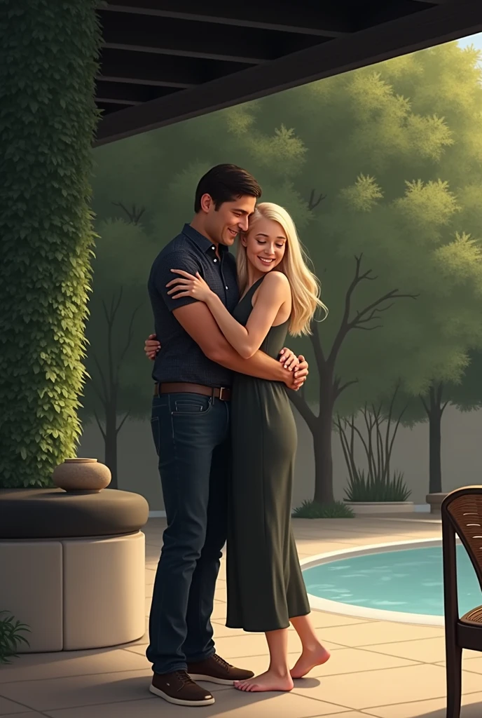 A handsome man giving a kiss on the cheek to a blonde woman at the door of her house, pixar style, cinematic, masterpiece, high-aesthetic, portrait