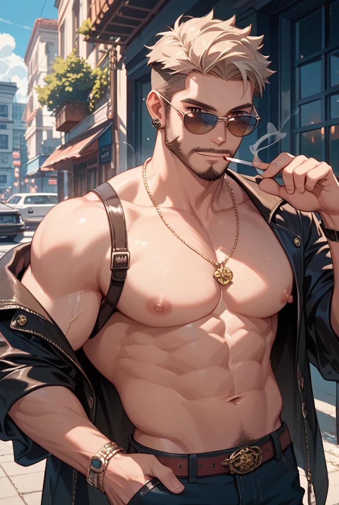 (1 boy,เป็นman),Muscular anime guy in the gym, Masturbation-like facial expression, 1เด็กman, bikini, Tight muscles, Broad shoulders, Handsome and old, little bra, sexy, sex, man, gay, jacket, sunglasses, เด็กman, floral bikini, bright white hair, tight leg muscles, Executive Chef, Muscular anime guy, tattoo, War atmosphere, tattoo on belly,