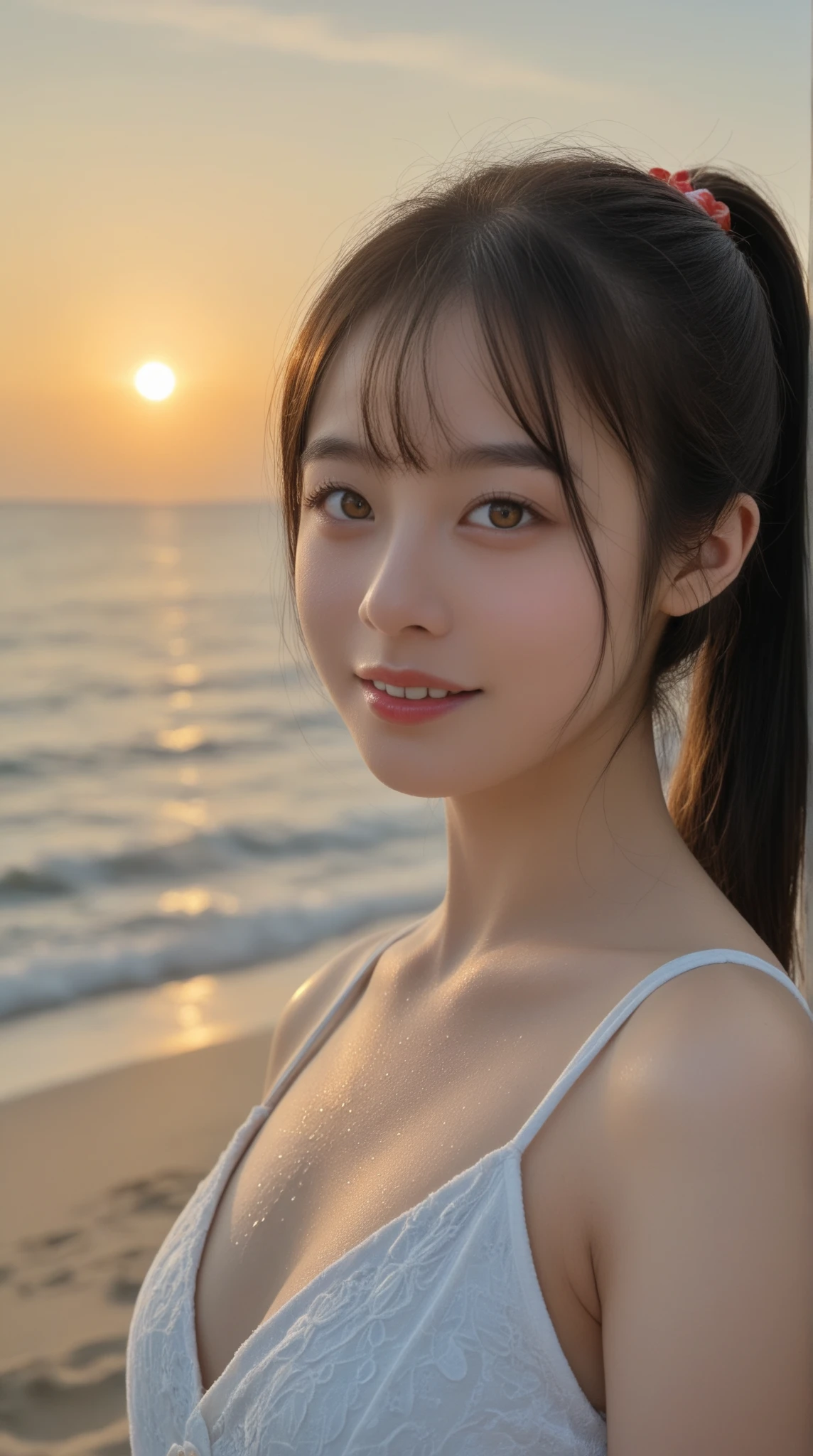 (best quality), master piece, (30mm lens, f/2.8)  , (Bright light:1.2), (Improvement of quality:1.4),  Japanese,  1 girl, 18-year-old girl, well rounded:1.3, cute, ((plump lips:1.4,plump chin:1.3, plump cheeks))  , (Enhances the body line:1.0), (Enhances the beauty of skin texture:1.1), bikini : slingshot, full body, beach,  shore