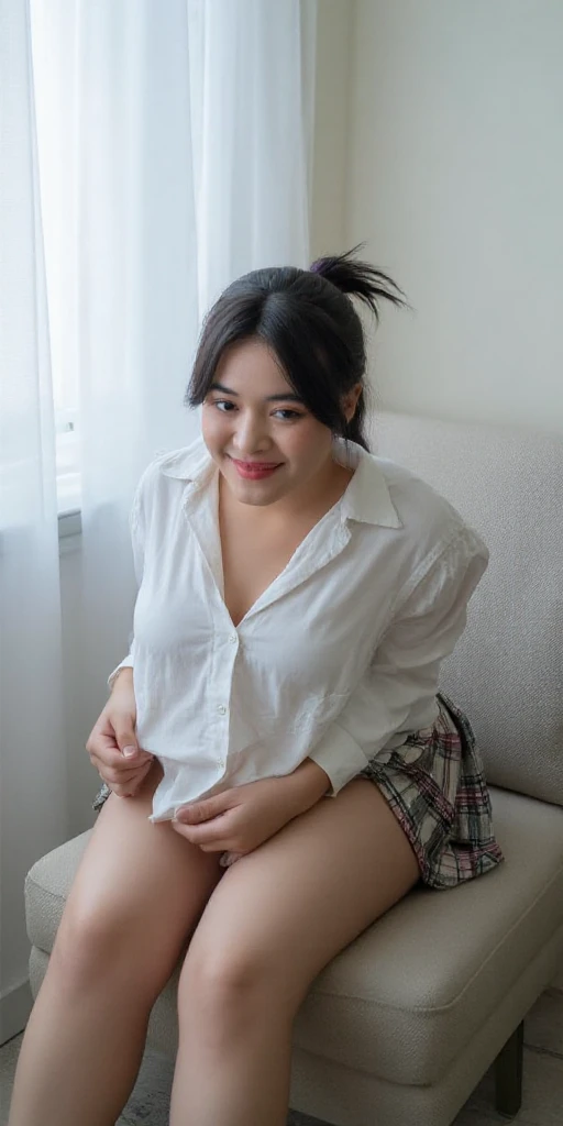 Beautiful young girl, malay girl, looking at camera, bright eyes, smiling, 12 years old, flat chest, small firm breast, beautiful body, open shirt, spread leg, chubby pussy, sitting on floor, (NSFW)