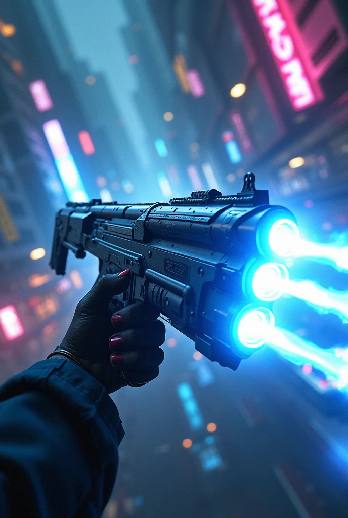 (((aerial view))), Blade Runner style futuristic railway platform, hi-tech train, neon lights, rainy night. (1girl, solo, alone), large-breast:1.2 slim body, cleavage:1.1, sexy wind blowing wet dress:1.4, headphone, (black sunglasses), (((she raised a pistol:1.8 and shot:1.8 the viewer))), dynamic pose, (((half-body thigh level medium shot))), cinematic lighting, lens flare, ray tracing, blurred:1.4 background.