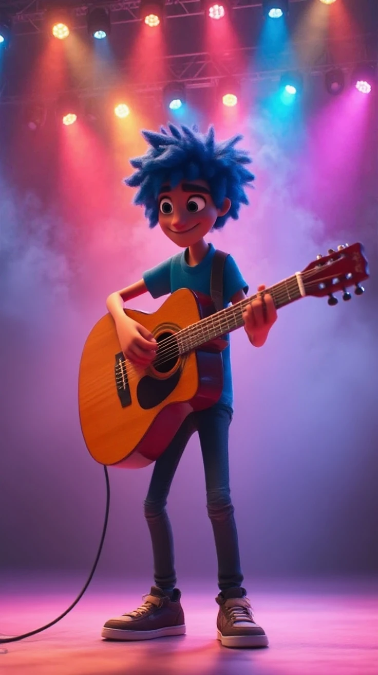 1girl, 1boy, , Smile, open mouth,
playing guitar, shirt, short hair, multicolor hair, long sleeves, Stripe, headphones, multicolor hairido