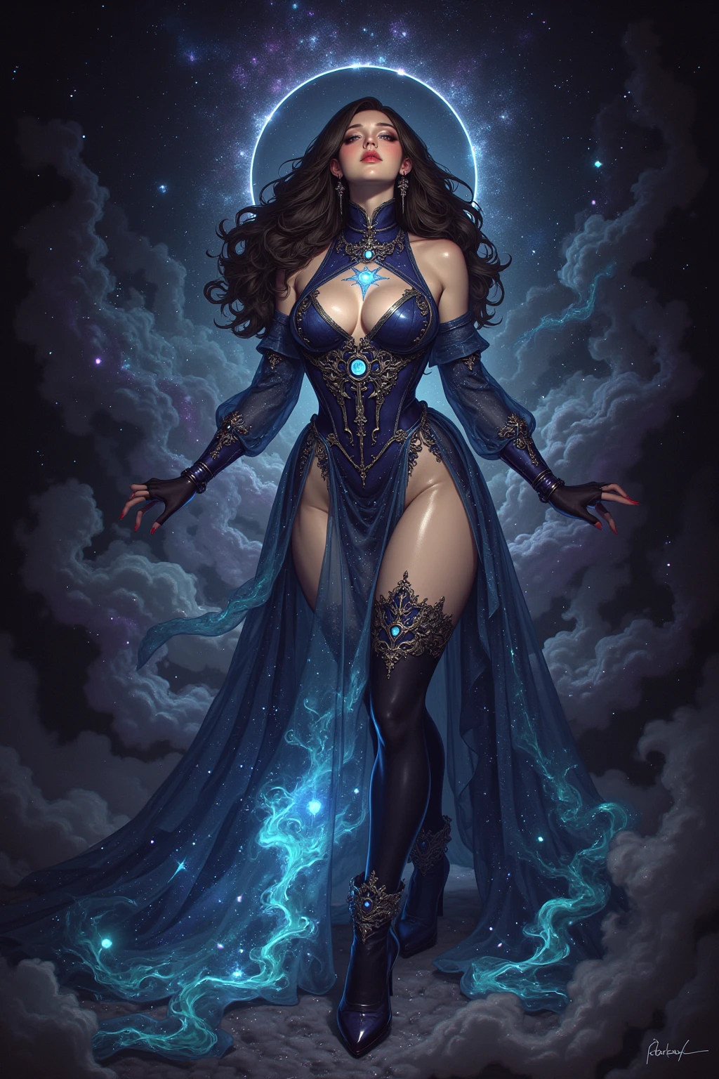 a beautiful blue-haired celtic sorceress with long wavy brown hair, a powerful woman with magical powers, full body shot, long flowing dress, spectral form, blue smoky landscape, large brown eyes, Ceridwen magic