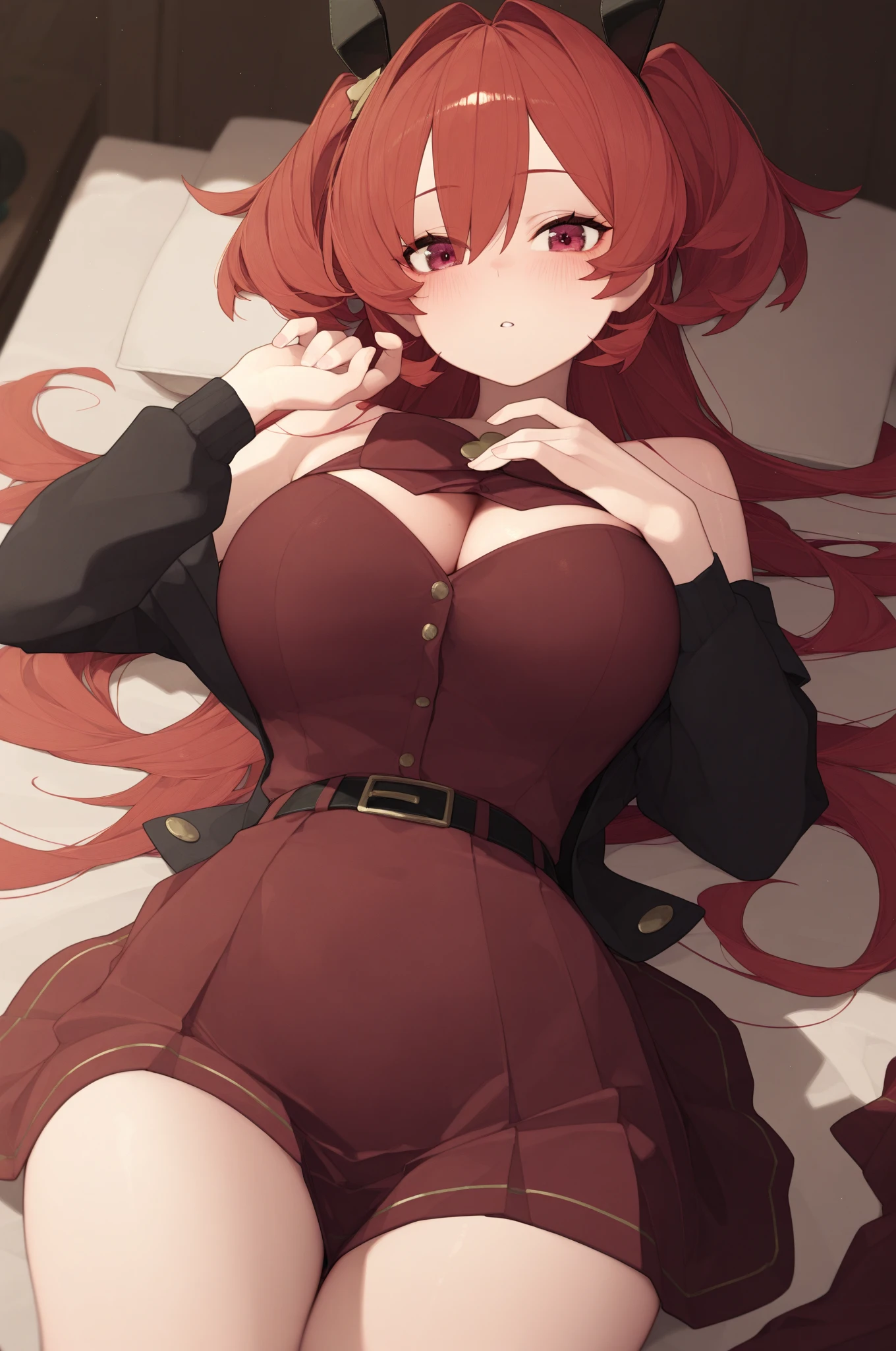 Sexy pregnant bunnygirl, cleavage, bunny ears, wavy red hair, sexy tight black dress, pregnant