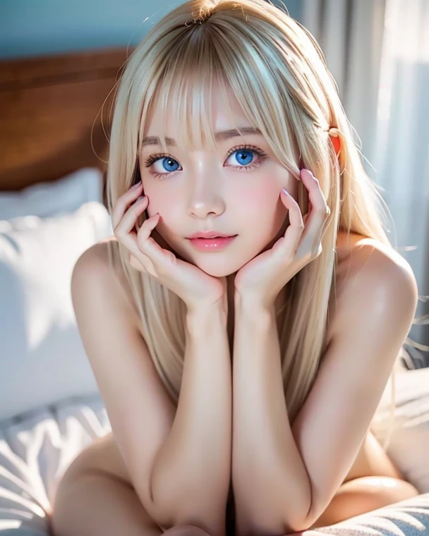 animification,(Illustration 1:1),masutepiece, Best Quality, Extremely detailed, cinematic lightening, intricate detailes, hight resolution, Official art,Illustration, Dense beautiful face and eyes, High resolution illustration, 8K, depth of fields, Bokeh, Solo, 1girl in, Girl with white hair and red eyes, long white hair, Beautiful red eyes, ,Very small breasts,Very small,Delicate body,Skinny Legs,Princess style,Sleep on a plush curtain bed,Girl spreads her legs in a V-shape,Shot from the top of the bed,Girls Massage ,Girls have intense sex while crying,A girl among a girl is crying,The girl's body gets wet,White gel sticks to the girl's body,Bukkake for girls,