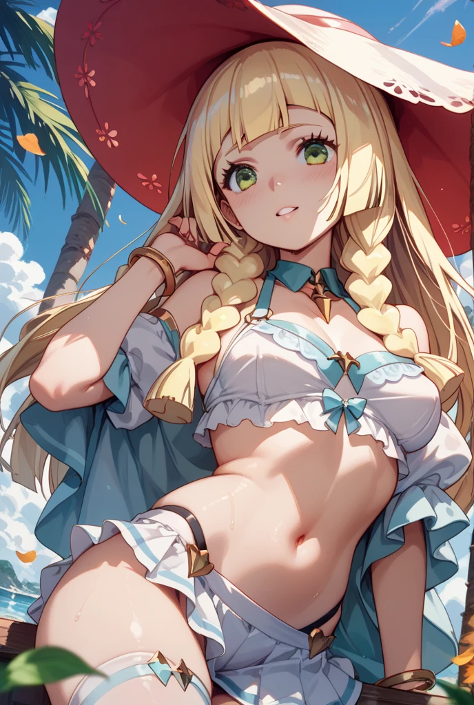 (masterpiece, best quality:1.2), <lora:gfl_ak47-10:0.7>, from above, solo, 1girl, gfl-ak47, smile, closed mouth, looking at viewer, wading, red beret, green bra, panties, cleavage, large breasts, lake, butterflies, lily pads, sparkles