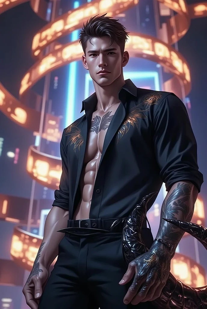 (best quality,4k,8k,highres,masterpiece:1.2),ultra-detailed,realistic,professional,(portraits,concept artists),vivid colors,sharp focus,HDR,studio lighting,(black hair:1.1),(black eyes:1.1), a man, muscualr,strong body,trained, ((wearing half sleeve tattoo)),