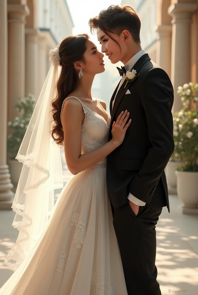 rfktrstyle a young couple just married, beautiful detailed eyes, beautiful detailed lips, extremely detailed eyes and face, long eyelashes, intimate portrait, wedding day, newlyweds, romantic, loving expression, elegant wedding dress, tailored suit, outdoor natural setting, golden hour lighting, warm soft lighting, shallow depth of field, professional photography, cinematic, high quality, intricate details, vivid colors, award winning photograph bad-picture-chill-32v
