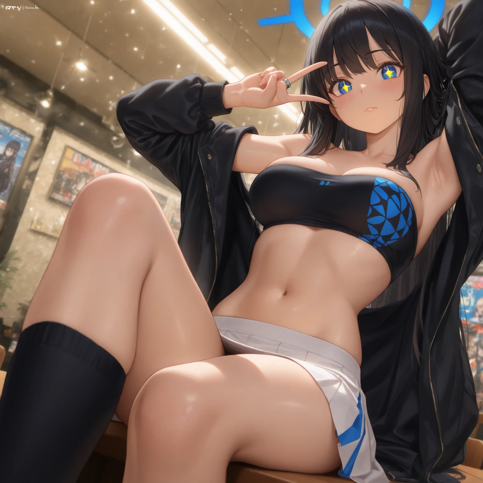 1 woman, alone, 8K, masterpiece,, Masterpiece, 8ก, (big breasts:1.5), Cute face, angry expression , look at the audience., , (nipple:1.6), (hairy:1.8), blue panties, Show some shirts.. ,