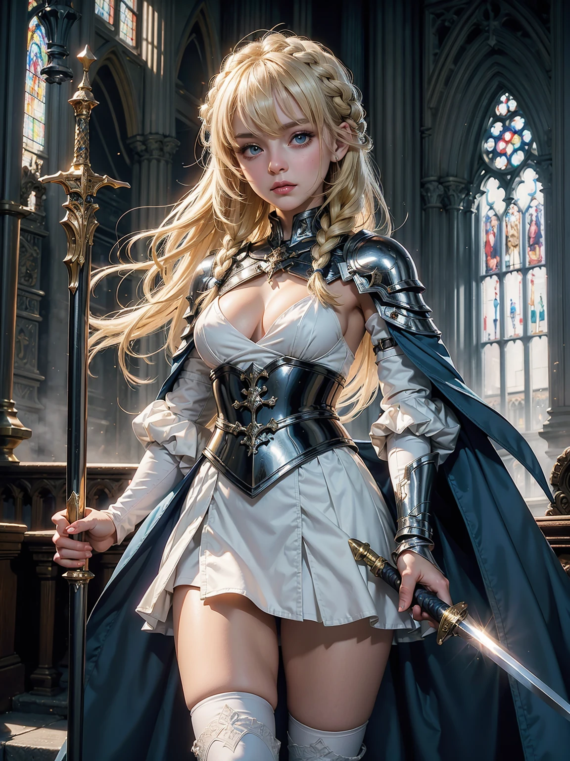 (((fantasy, cathedral:1.4))), (((midnight:1.4))), masterpiece, best quality, ultra-detailed, high resolution, extremely detailed cg, 8k, beautiful detailed eyes, depth of field, perfect anatomy, super detailed skin, cinematic lighting, dynamic lighting, anime picture, shiny hair and skin, detailed outfit, 【break】, ((cowboy shot, looking down , standing, zettai ryouiki,((A 1young girl swordsman, holding a 1sword in one hand, stylish poes:1.3)), (((a 1girl is , child, little young girl age8, soro:1.6))), 【break】, ((afterglow)), (((blonde hair, Braided hair:1.3))), (beautiful detailed blue eyes), white-skinned, (((child short stature, child body shape, young face, cute face, small breasts, slim:1.4))), , wizard, ((Pure white silk, white blouse:1.3)), ((blue mini skirtt, blue mantle:1.4)), ((White knee-high stockings:1.2)), ((white short boots)), (( cleavage cutout, Breastplate of silver metal, light armor of silver metal:1.2)),