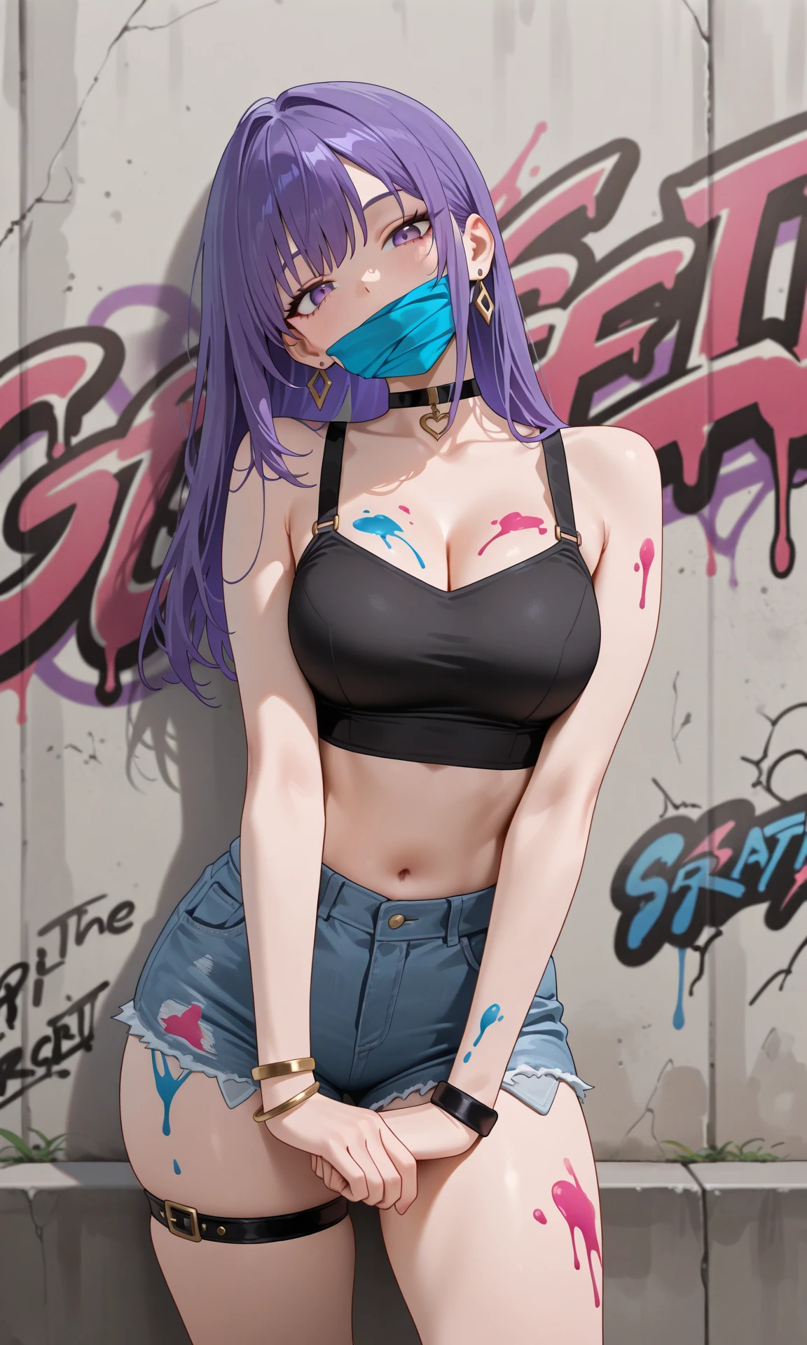 Kuki Shinobu Genshin Effect, masterpiece, bestquality, 1girls, gigantic breasts, bara, crop top, shorts jeans, choker, (Graffiti:1.5), color splashes, arm behind back, against wall, looking at the audience, bracelet, Thigh strap, Paint on the body......................................., Head tilt, bored, multicolored hair, water eyes, headset,
