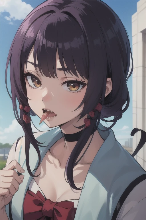 (masterpiece), ((最high quality)), (masterpiece,最high quality,Official Art,Highly detailed CG Unity 8k wallpaper)、Beautiful Japanese Women、Face drawn in detail、Smooth Skin、(Short black hair:1.5)、Calm expression、high quality、Realistic、((Hollow Eyes:1.3))、A seductive smile、(Open your mouth and stick out your tongue:1.3)、(Looking up at the viewer:1.4)、(Saliva:1.3)、((Place one hand over your mouth))、Big Breasts