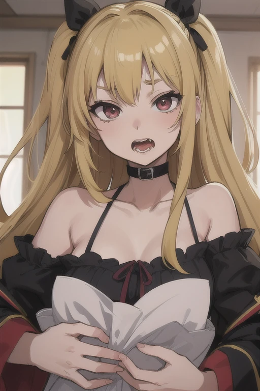 (masterpiece, best quality:1.2, high resolution, anime screencap, anime colored, 8k, photorealistic), 1girl, blonde hair, large breasts, choker, Red bunny ears, Red playboy suit, upper body, indoors, lights, blush, timid, Sit, (perfect detailed anatomy, beautiful detailed face&eyes:1.5, shiny skin, perfect sharp body)