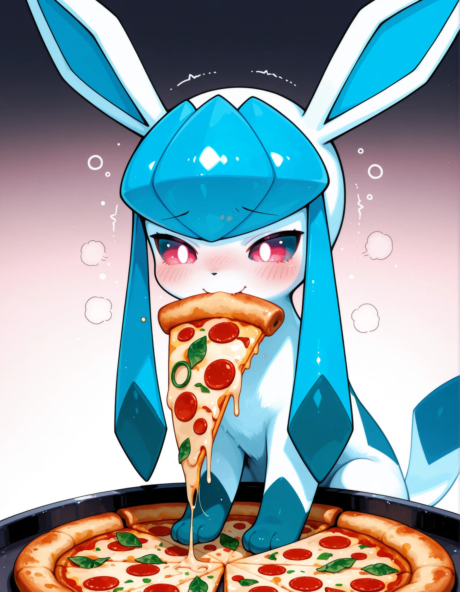 1girl, glaceon,
solo, three quarter view, feral, quadruped, pink eyes, blush, embarrassed, smile, exhausted, eating, food in mouth, sitting, pizza, mouth hold,
gradient background,
masterpiece, best quality, very aesthetic, newest, absurdres, ermi,