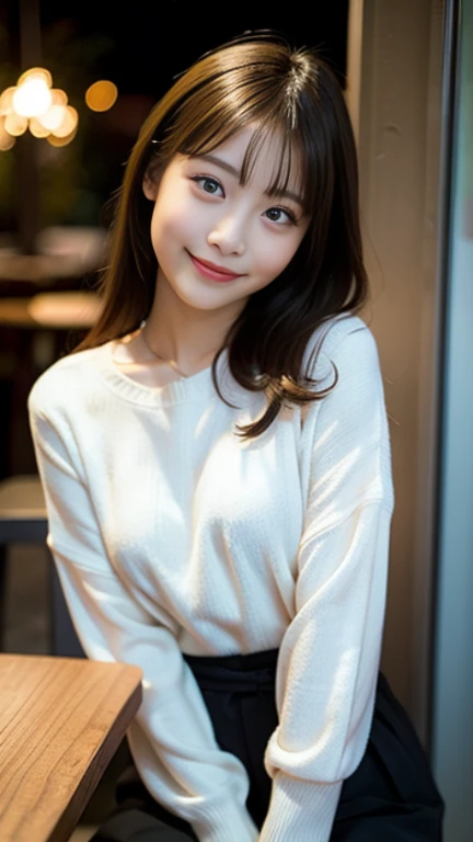 (Close-up portrait of slender small breasted short hair with long locks girl in winter knitted sweater :1.5)、(One girl holding a gift box in hand: with shy smile: in a café at night:1.5)、(Blurry background,:1.5)、(Perfect Anatomy:1.3)、(complete hands:1.3)、(complete fingers:1.3)、Photorealsitic、Raw photography、masutepiece、top-quality、hight resolution、delicate and pretty、face perfect、Beautiful detailed eyes、Fair skin、Real Human Skin、((thin legs))、(Dark hair)