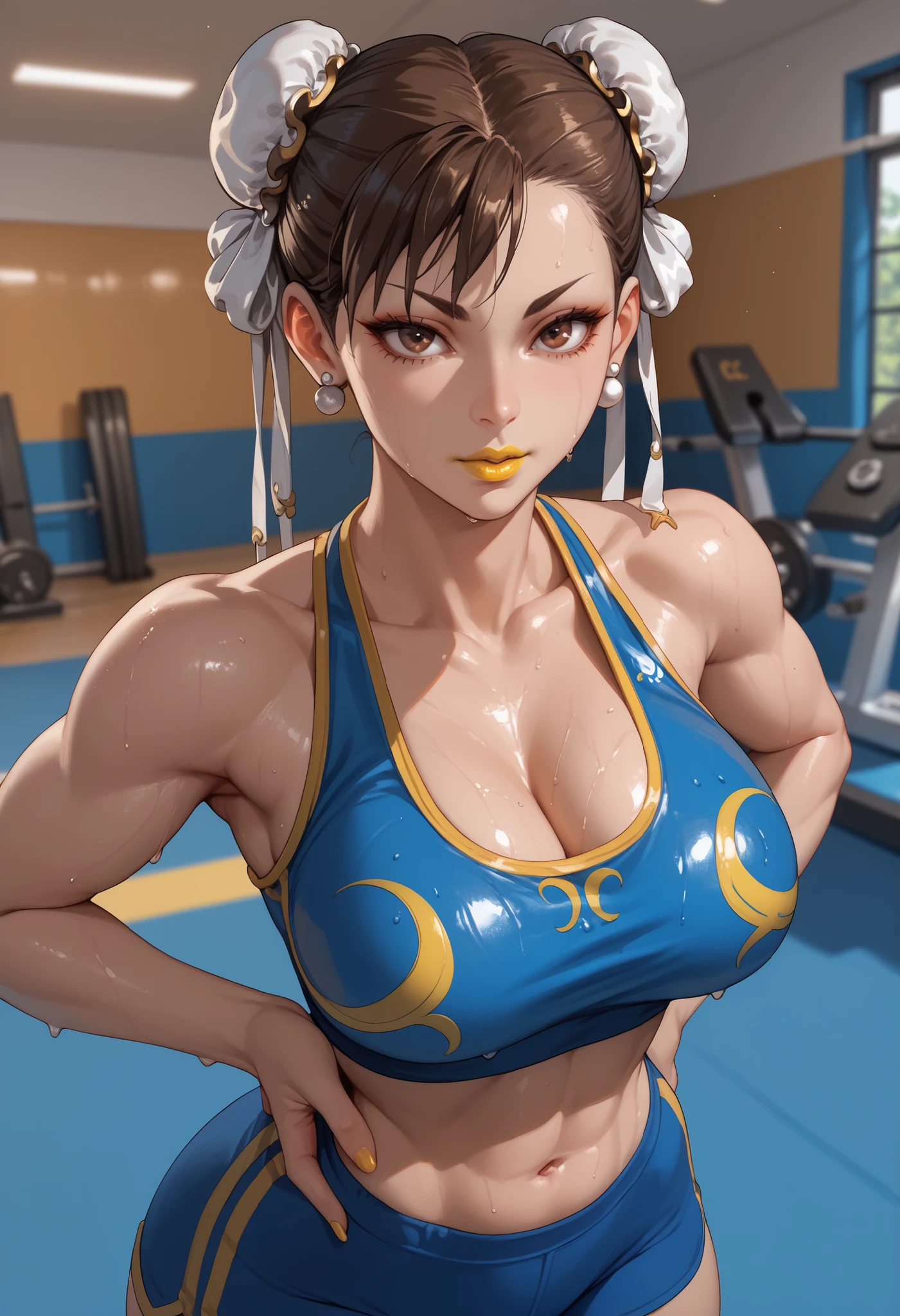 (top-quality manga:2.4),(Perfect Beautiful Face 2.2),(Perfect and beautiful posture:2.2),wet with sweat,(sweat in cleavage:2.2),(Abnormal sweating:2.2),large full breasts,2  Female freestyle wrestling athlete ,cute face, nice legs, showing their ground techniques in a fight on the graund