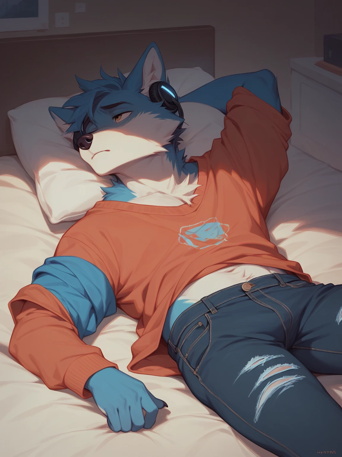 Cyberpunk Bedroom, ((by braeburned)), Furry, ((Australian Shepard)), ((twink, effeminate)), detailed dark fur, messy white hair, ((teen)), ((male)), (black mascara, ear ring, tight choker), asleep, laying on stomach, nude, side view,