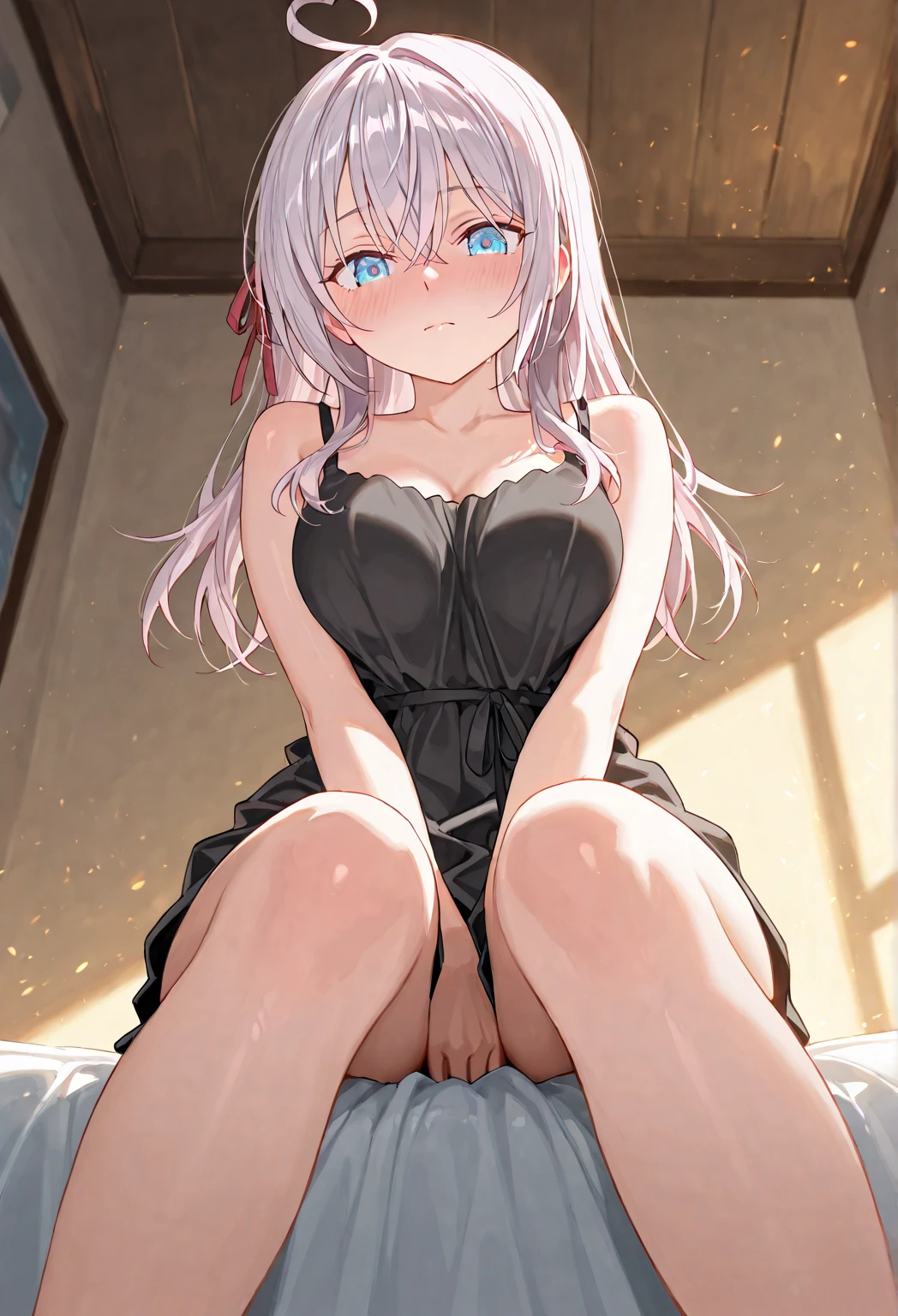 ((Best Quality)), ((masterpiece)), bedroom,((ultra detailed)), Extremely detailed CG, (illustration), bed, ((Detailed light)), (an extremely delicate and beautiful), 1 girl, alone, ((cowboy shot)), ((beautiful face)),(beautiful detailed eyes), blue eyes, for white, shiny hair, inner hair color, Garrison, depth of field,((tied hair)),rubio_(media),detailed background, beautiful detailed sky, en pantimedia negra posando en whole body, black color, lingerie, whole body, open legs naked, using his hands to masturbate, masturbation, open vagina, skirt, detailed vagina,(ultra detailed) shaved, no panties.