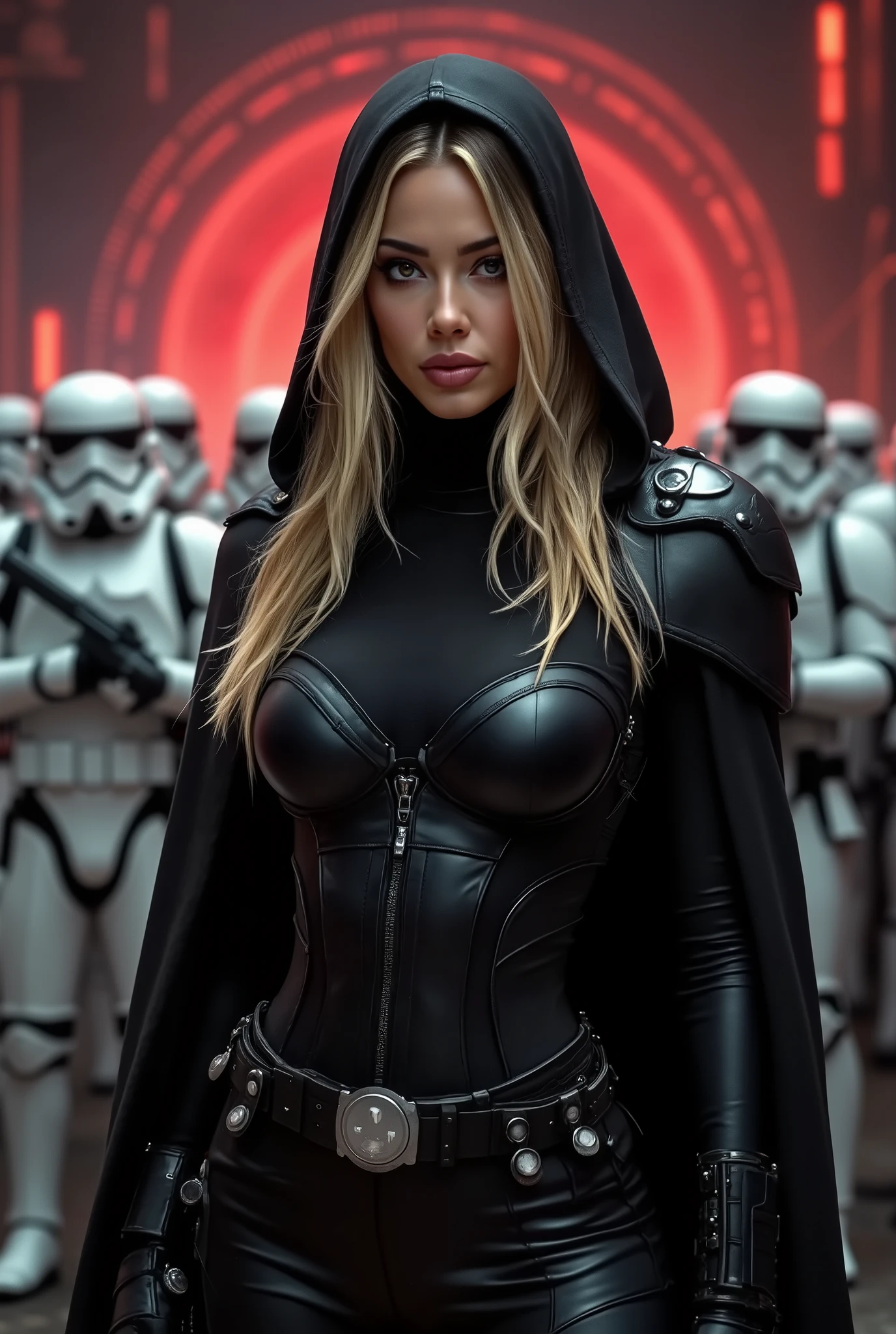 Celeste Bright as a Mara Jade Skywalker with perfect eyes with long black blonde, dressed in tight leather turtleneck combat outfit with pauldrons, using a red lightsaber, a hooded cape, strong seductive makeup, bedroom eyes, evil smirk, arrogant smirk, cinematic lighting, photorealism, background: on a sci-fi battelfield with a legion of stormtroopers standing shoulder to shoulder far behind her, blurry background, night time with stars, dark blurry background with red glow, 