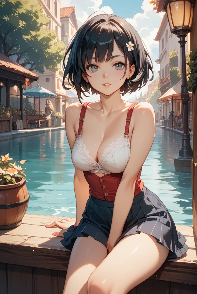 ((masterpiece) (((((Highest quality))))((high resolution))))), Very detailed, Ultra-realistic, )、、、City、building、、(、Embarrassed face、、、From below、((Low - Angle))、、garden、、Cowboy Shot、bluepanties))、()Leg spread、、Blue Bra、squat、Green Hair、Small breasts.Short Hair