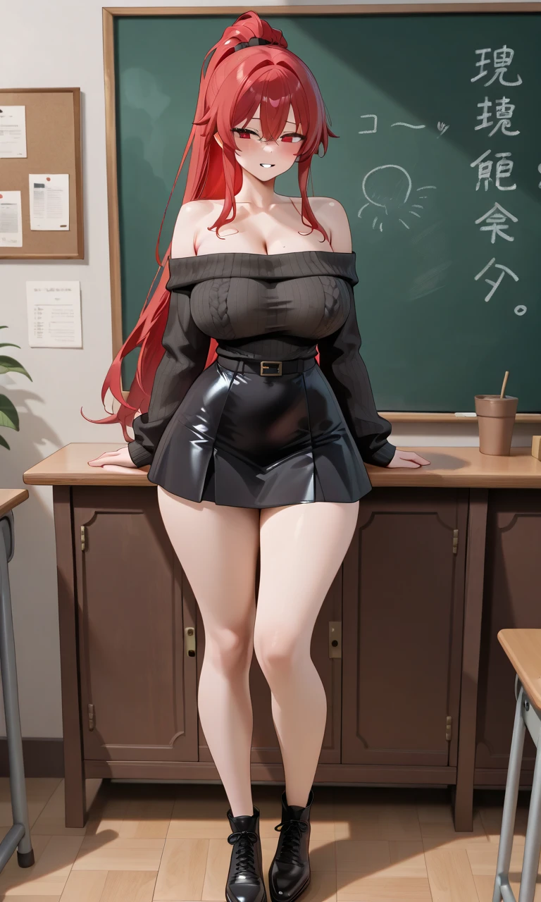 Meisterwerk, (realistisch), high-res, hochdetailliert, kompliziert, Beautiful women, rote Haare, blaue Augen, Sommersprossen, detailliertes Gesicht, tight dress, looking at viewer, smile, sexy teacher, glasses, huge boobs, downbluse, in Classroom, huge Dekolleté 
