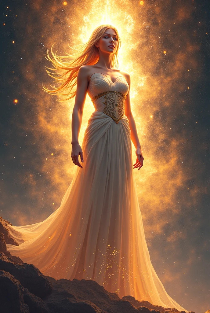 a goddess, that the face is frozen and wears a dress of fire