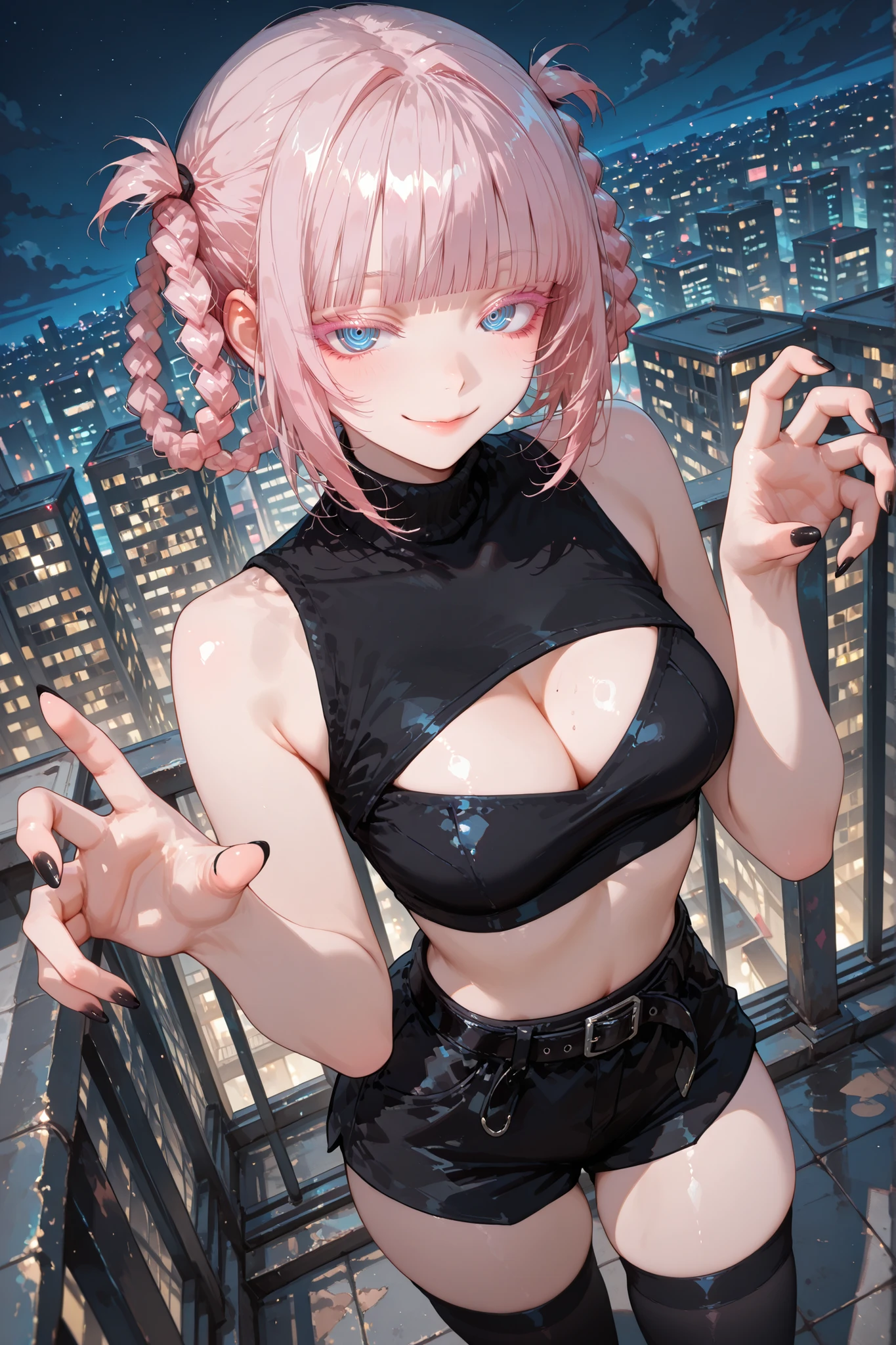 nanakusa hairstyle, outfit-nanakusa, 1girl,bare arms, leg hug,solo,cityscape,looking at viewer,braid, cowboy shot, <lora:outfit-nanakusav3-pynoise:1>