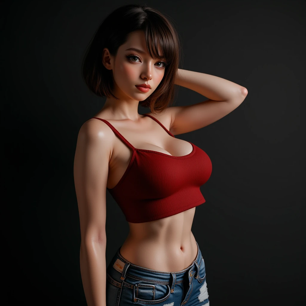 Asian girl, short hair, brunette, blonde highlight, white tank top, blue jeans shorts, red jacket, hands in pockets, visible cleavage, protruding nipples.