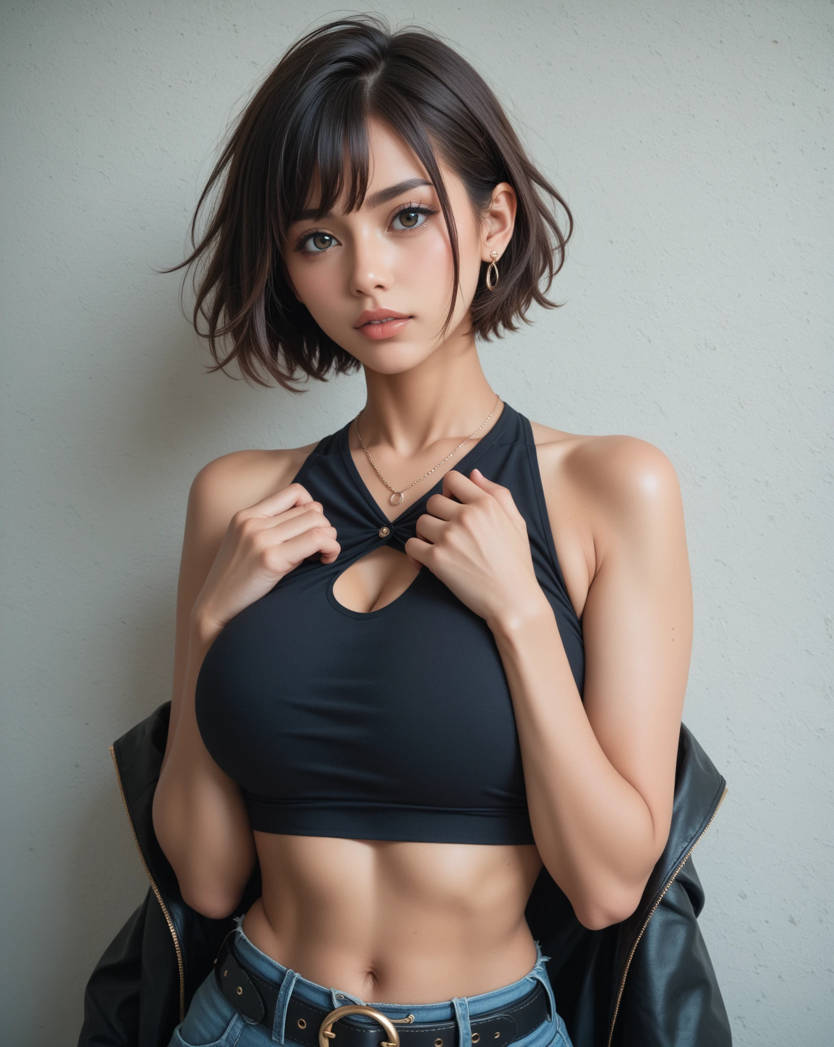 (highest quality ,16K, High resolution, table top:1.2), super detailed, (realistic,realistic, Photoreal:1.37), In underwear, beautiful high school girl, short bob hair, blush, stunning light brown hair, shining hazel eyes, Curvaceous, constricted waist, athletics stadium, Navel exposed, blush, Sweat, bright sunshine, look at the camera,perfect ???????