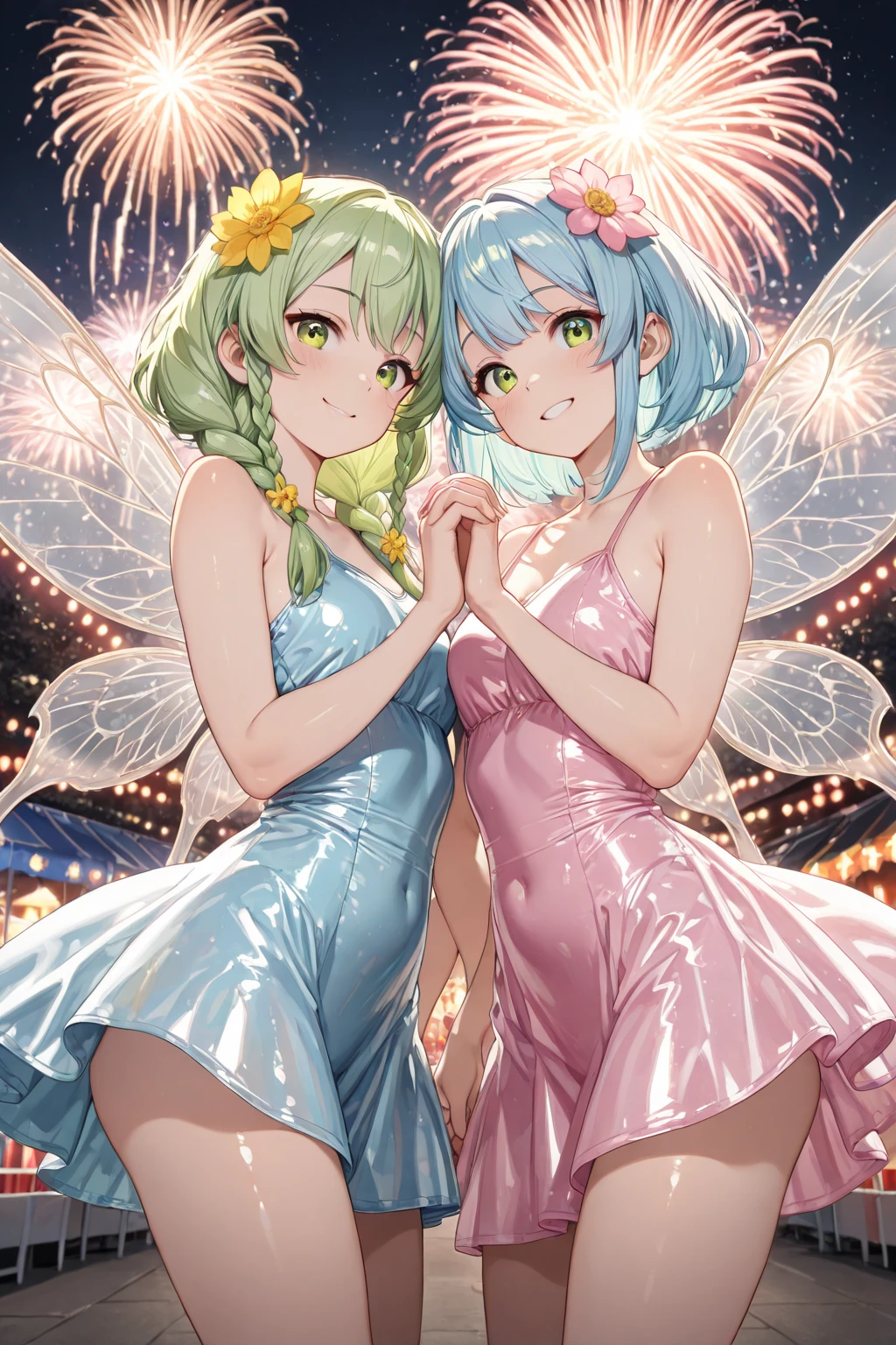 manga anime style, (ultra detailed, absolutely resolution, best quality:1.3), cute twin 18 year old girls, green medium hair, amorous and lewd face, big brown eyes, superlative body proportion, wearing white loose frilly dresses, covered in tattoos, they are close to each other, background pastel colored dots and hearts, shading effects, gradation magic effects, foggy filter effects, glitter effects, 2.5D, delicate and dynamic, artistic photography, hyper realistic, graphic CG