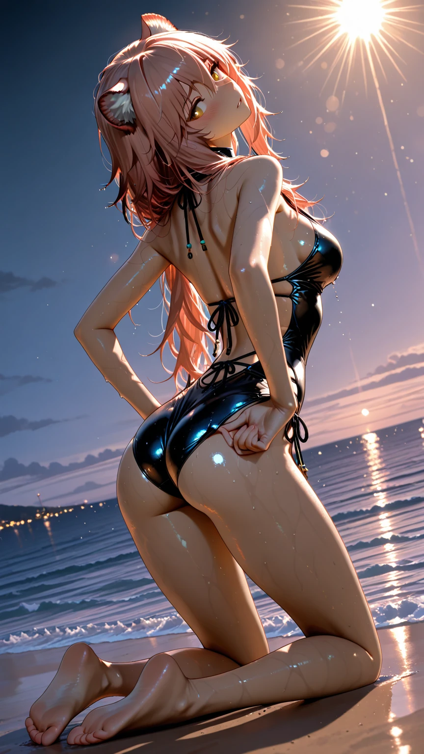 a woman with a seductive expression, loving smile, view from behind, perfect ass, detailed eyes, pose sexy, long dark crimson hair, his super detailed glowing eyes, Full lips painted red, chiseled physique and wide hips. He wears a closed black leather jumpsuit., whose shiny surface accentuates its shape. Walking on a sunny beach,  This image oozes realism., capturing the essence of a fragile figure. digital art, photorealistic and high definition technique