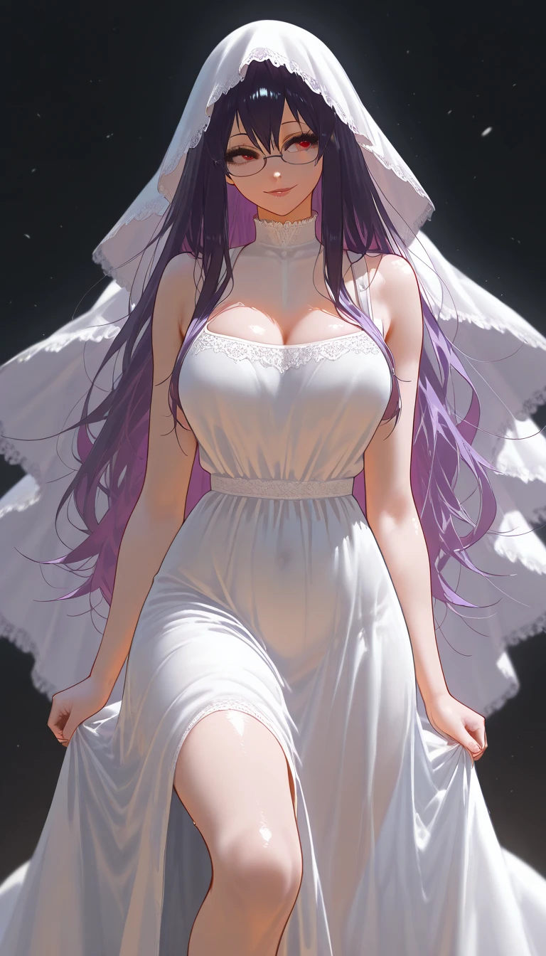 (masterpiece:1.37), best quality, (extremely detailed:1.37) woman, (adult:1.5), (very long hair:1.5), dark purple hair, purple eyes, (extremely detailed eyes:1.37), breasts, (very long dress:1.5), (very tight dress:2.0), white dress, (wetting herself:2.0), standing straight, full body day, daytime, glow, facing viewer, perfect composition, full body, city, street