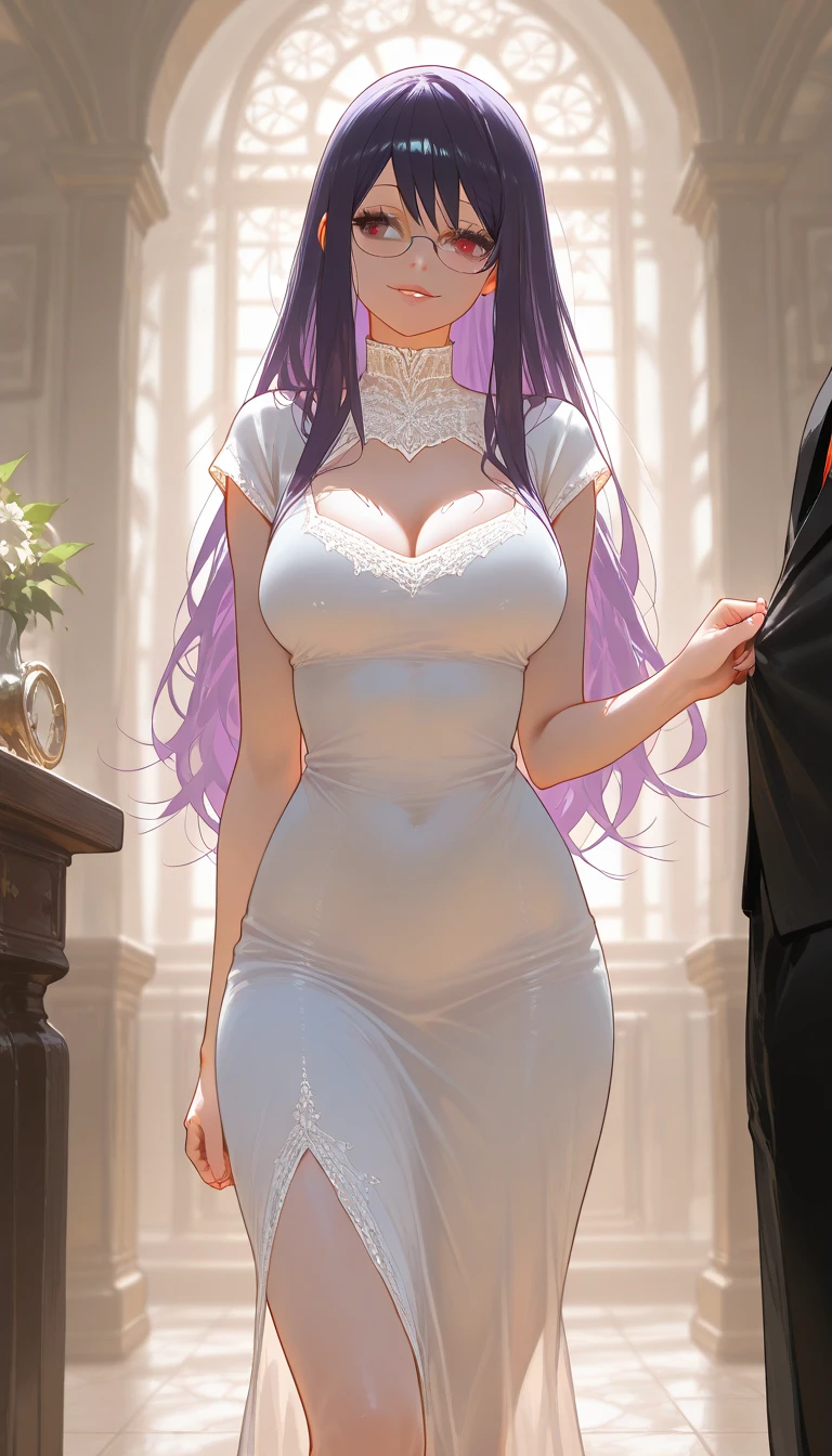 (masterpiece:1.37), best quality, (extremely detailed:1.37) woman, (adult:1.5), (very long hair:1.5), dark purple hair, purple eyes, (extremely detailed eyes:1.37), breasts, (very long dress:1.5), (very tight dress:2.0), white dress, (wetting herself:2.0), standing straight, full body day, daytime, glow, facing viewer, perfect composition, full body, city, street
