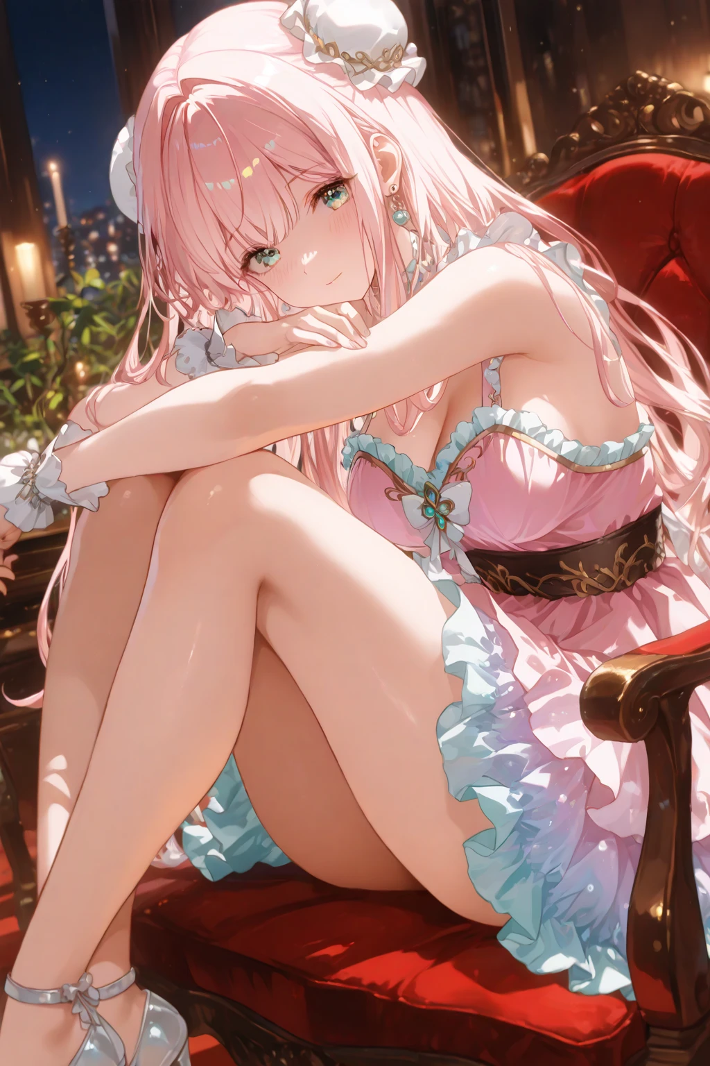 ((Moe anime art style:1.3)), (masterpiece), (((Highest quality))), (((High resolution))), (((unity 8k wallpaper))), (((ultra detailed))), (upper body), (super detailed skin), BREAK (((crawling))), (((on stomach))), (((lying))), (((on the bed))), ((looking down, from front, from below, head tilt)), (((Delicate and beautiful face))), A shy smile, (((A young-faced princess))) , Beautiful Eyes, (Faint lips:1.3), BREAK (((Pink Hair, shiny hair, Fluffy ponytail))), side braid, ((Curly Hair, Expressive hair, very voluminous long hair)), bangs, Pretty jeweled tiara, Crystal Earrings, BREAK ((Delicate lace material)), ((Transparent satin ball gown dress)), (((Rococo Victorian Ball Gown Dress))), (((crinoline))), ((Lavish embroidery)), ((Lace and ribbons used generously)), (((Big Breasts))), ((Emphasized breasts)), Sweat on the chest, BREAK ((princess in a rococo room, pink color frilly bedding)),