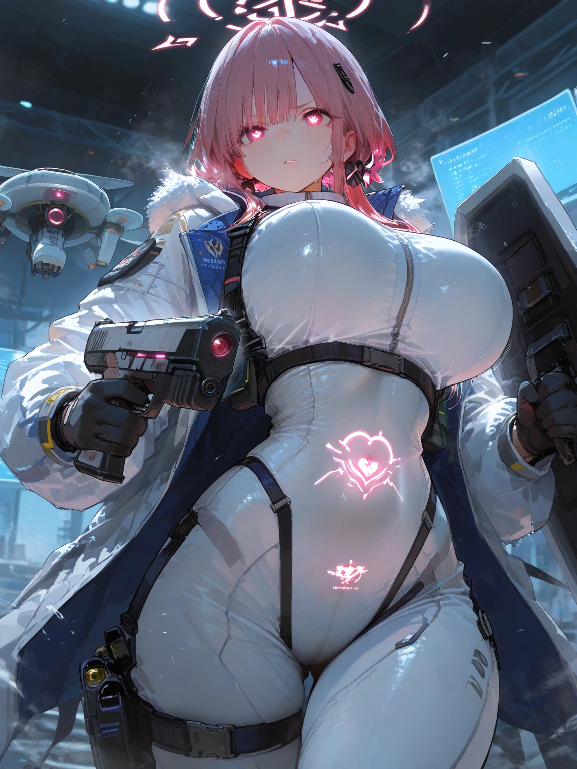 masterpiece , best quality ,1 voluptuous cyborg girl , latex ,suit and tie, formal suit uniform, big shirt collar, formal white dress shirt, formal suit coat, huge giant red bowtie, formal suit clothing, high collar full body tight suit and necktie, big tall collar, sweater vest, powered exoskeleton combat suit , (gigantic tits:1.2) , thick thigh , gigantic hip ,gold hair , short hair , cable attached to the whole body , folded with char , small room , surrounded by sci-fi machinery ,wedged into sci-fi machinery , folded in sci-fi machinery ,vaginal object insertion , sex machine , inflatable plastic balloon breasts, rubber breasts, artificial modified breasts, air inflated breasts, body modification, breasts are made of balloon material, hypnosis, dazed expression, mind control, open mouth, drooling, stupid face expression, girl wearing a VR headset, headset, rubber inflatable breasts, modified rubber breasts, inflated balloon-like breasts made of foil and rubber
