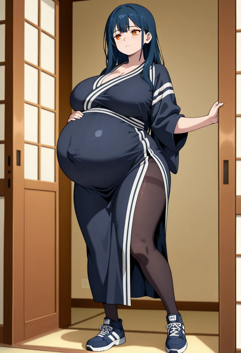 (masterpiece, best quality, highly detailed), 1girls, big belly, huge belly, art by kipteitei, round belly, chubby, curvy, belly grab, enormous belly, fat belly, thicc, bigger belly, really big belly, jiggly belly, glasses, japanese traditional clothes, tight breasts, ((long legs, tall)), high heels, smug face, ((full body)), (dominant)