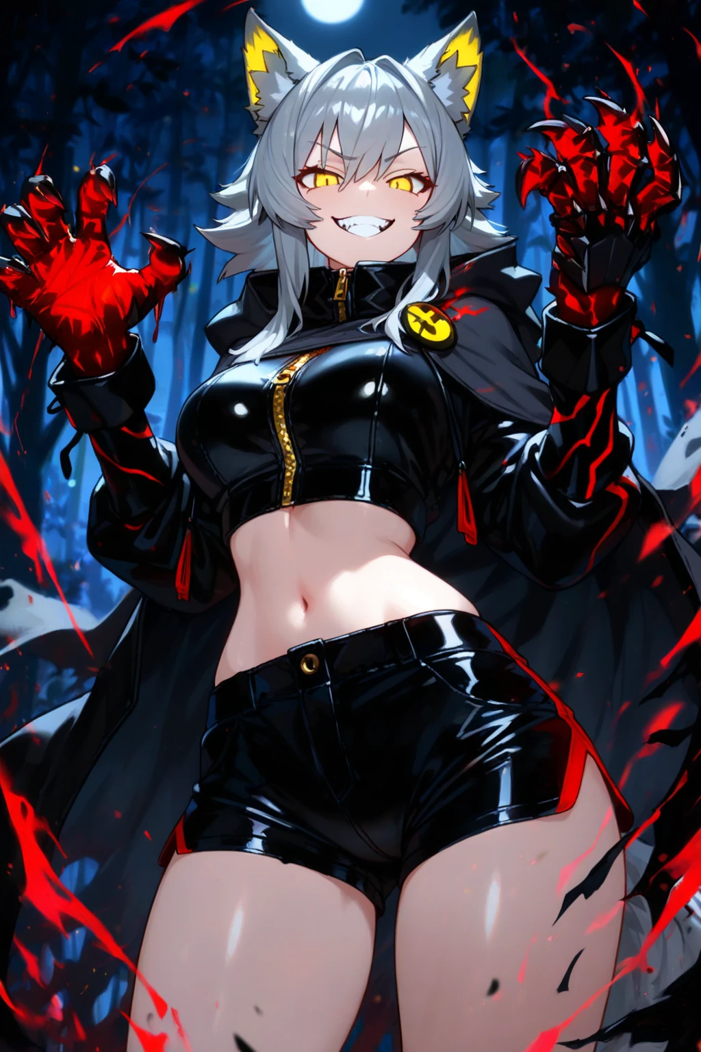 masterpiece, best quality, thick outline, flat colors, cartoon, woman, <lora:CloudOfDarknessV1.3:0.85> CloudOfDarkness, red cape, red claw, yellow_tentacle_monster, bodypaint,forehead mark, elbow glove, grey hair, red eyes, happy, sitting, abstract background, red and black theme, evil grin, messy hair, fire, dark magic, dark mist, fog