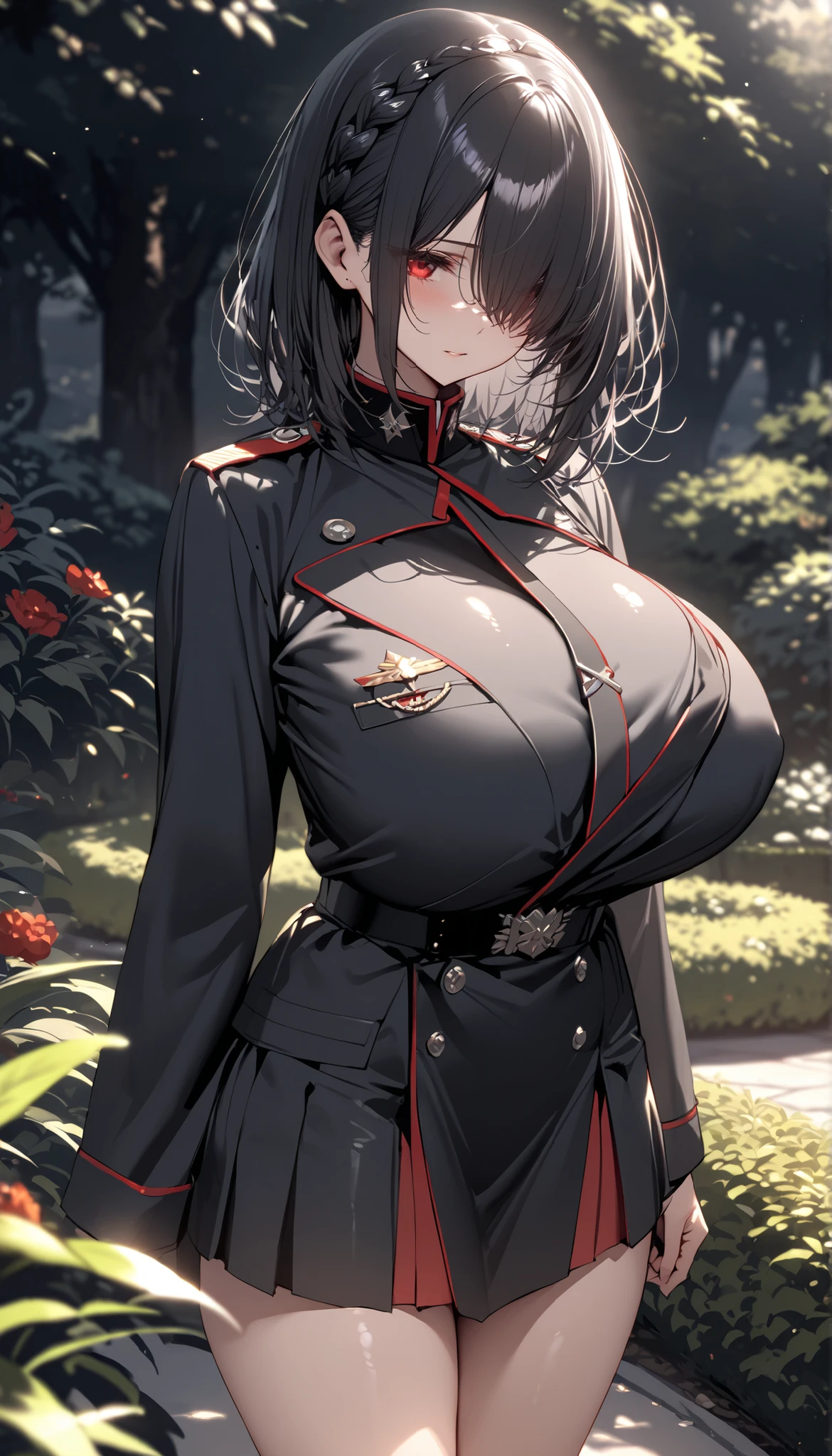 looking into viewer, seductive anime girl, smooth anime cg art, beautiful anime woman, black lace dress, big breasts!, we see her breasts, huge breasts, mio, makeup, mio from tuski ga michibiku Isekai Douchuu, there is light on her tits, sweating, wearing black lace dress, , we saw her black lace panties, , she lift her skirt with her hands, skirt lift