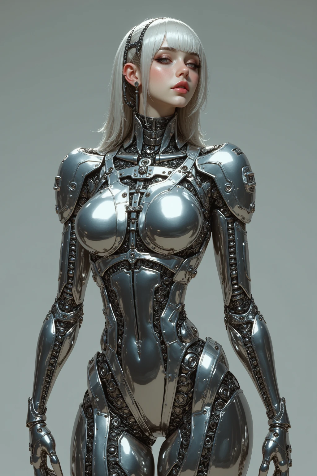 silver garment，tights，woman，Perfect body，Detail showcased，sexy，Fantasy，magic，Metal streamlined mecha，Streamlined machinery，Humanity，jumpsuit，Streamlined cyberpunk style，highest detail，Futurism，perfect girl，cute cyborg girl，Cyborg-silver-haired girl，beautiful women，Girl in mecha armor，HD，high quality， best quality ,