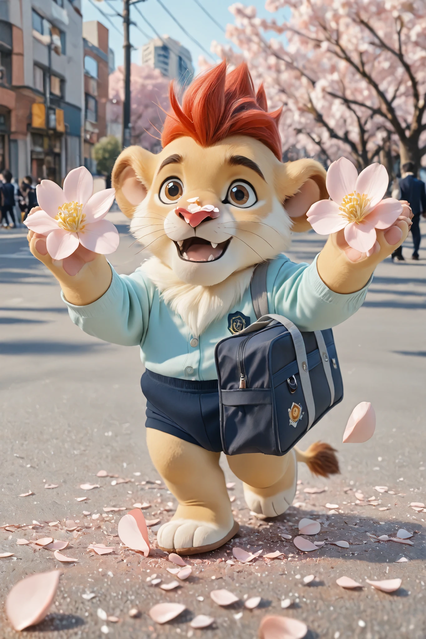 young furry boy, male focus, no humans, 1boy, ((anthro)), plantigrade, lion boy, short red hair, teen outfit
high quality, RAW photo, ultra-detailed, ((watching falling cherry blossom)), (((petal landed on his nose))), ((delighted expression)), ((walking home from school)), ((school bag)), ((spring afternoon)), ((other petals dancing in air)), ((urban street)), ((blooming trees)), ((soft wind effect)), pastel colors, natural lighting, magical moment