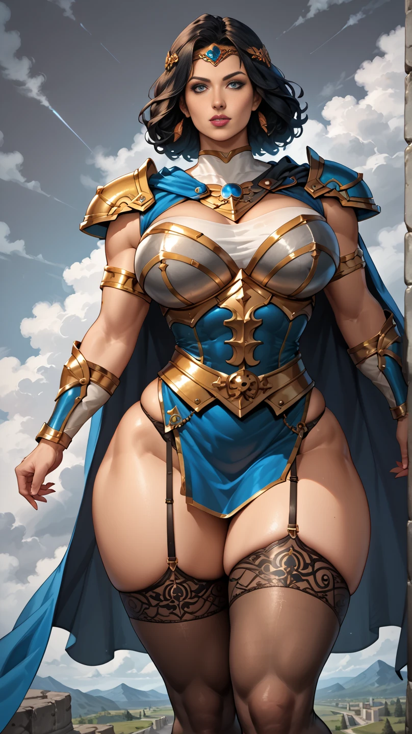 ((Latin American MILF)), ((sensual body, thick, very beautiful woman, hourglass illustration, big breasts, huge , big ass)),((Dignified woman))(Shiny long hair, wavy), (cute eyes, pale alabaster skin), ((camel toe)), (Detailed and thick), ((perfect woman image)), ((Huge breasts that are about to burst、Giga Breast、saggy breasts)), Chubby, thick waist, soft belly. masterpiece, highest quality, ((detailed fingers)),((1 person)), 8K quality, very delicate and beautiful, Official art with attention to detail, (highly detailed hands), digital art, hyper details, top fade,  (beautiful and detailed eyes, beautiful detailed lips, highly detailed eyes and face, eyelash length), ((sensual curves,Leaning forward,Show me your cleavage,smile, Very sexy)), (thigh gap, camel toe, pubic hair, vulva) voluptuous physique that accentuates her hourglass illustration. Emphasizes plump breasts and bulges, prominent butt cheeks, (With a majestic medieval castle in the background),maintain an attractive aura. she has a bewitching presence, Her body decorated with a unique blend of abstract and realistic designs. (looking at the viewer),((Female Warrior in Fantasy World:1.5)),(Majestic armor)