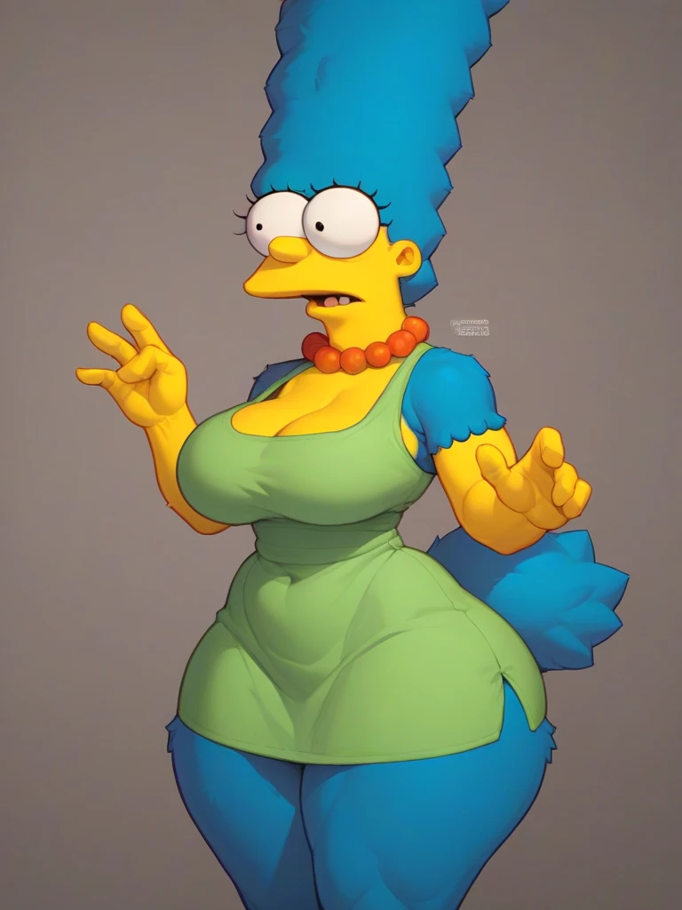 marge simpson, blue hair, red necklace, extra large breasts, cleavage, colored skin, yellow skin, green short low-cut dress, angry, open-toe platform high heels, visible feet, thick butt